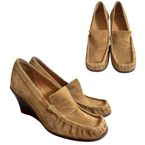 Y2K VINTAGE MICHAEL KORS TAN SUEDE THICK STITCH PENNY LOAFER WEDGE HEELS 8.5 - Picture 2 of 5